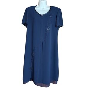 Liz Baker Navy Embroiderd & Beaded Sheath Dress With Sheer Overlay Women's 10